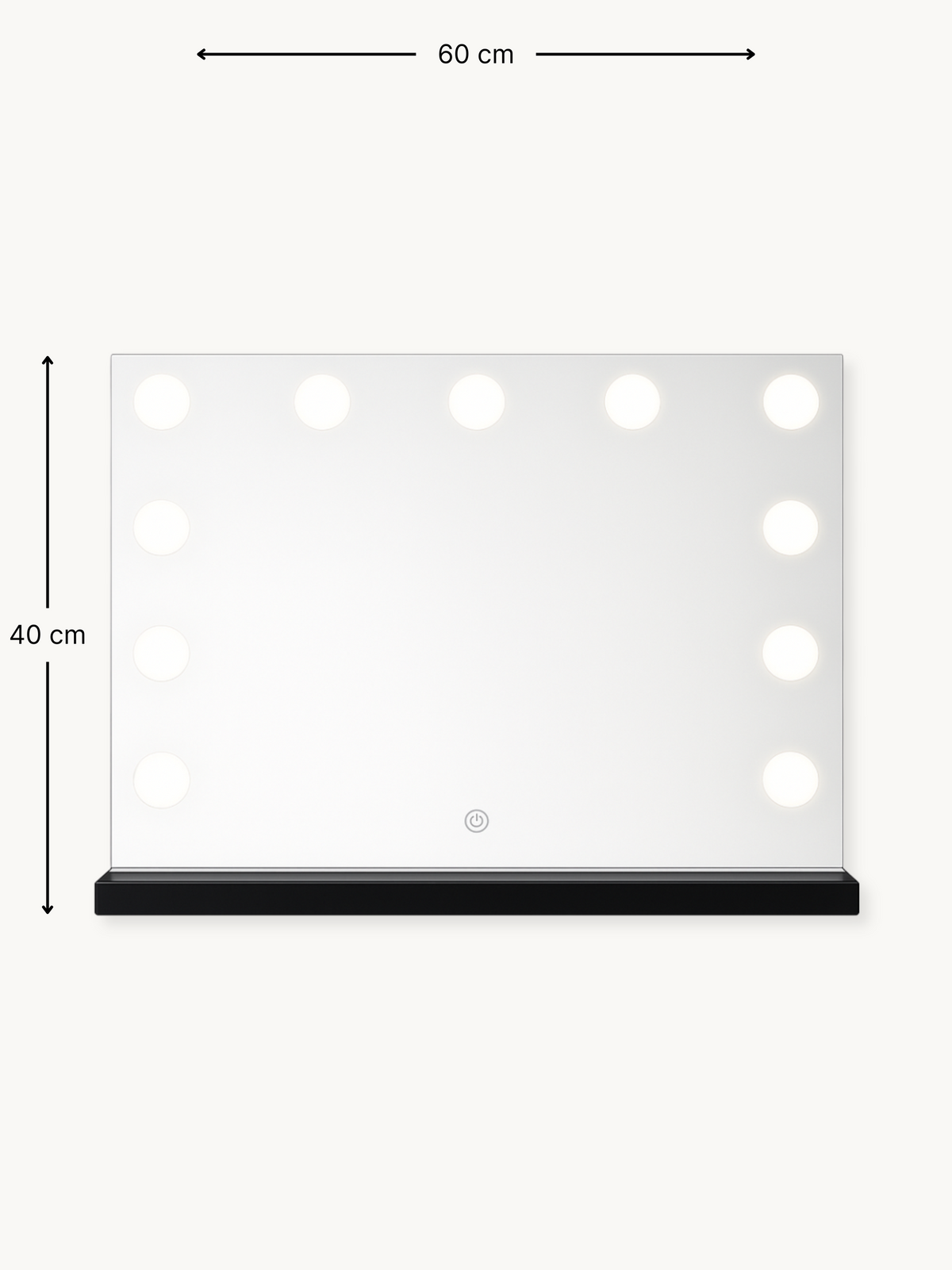 60×40 cm Hollywood vanity mirror with 12 LED bulbs and dimension annotations showing width and height measurements