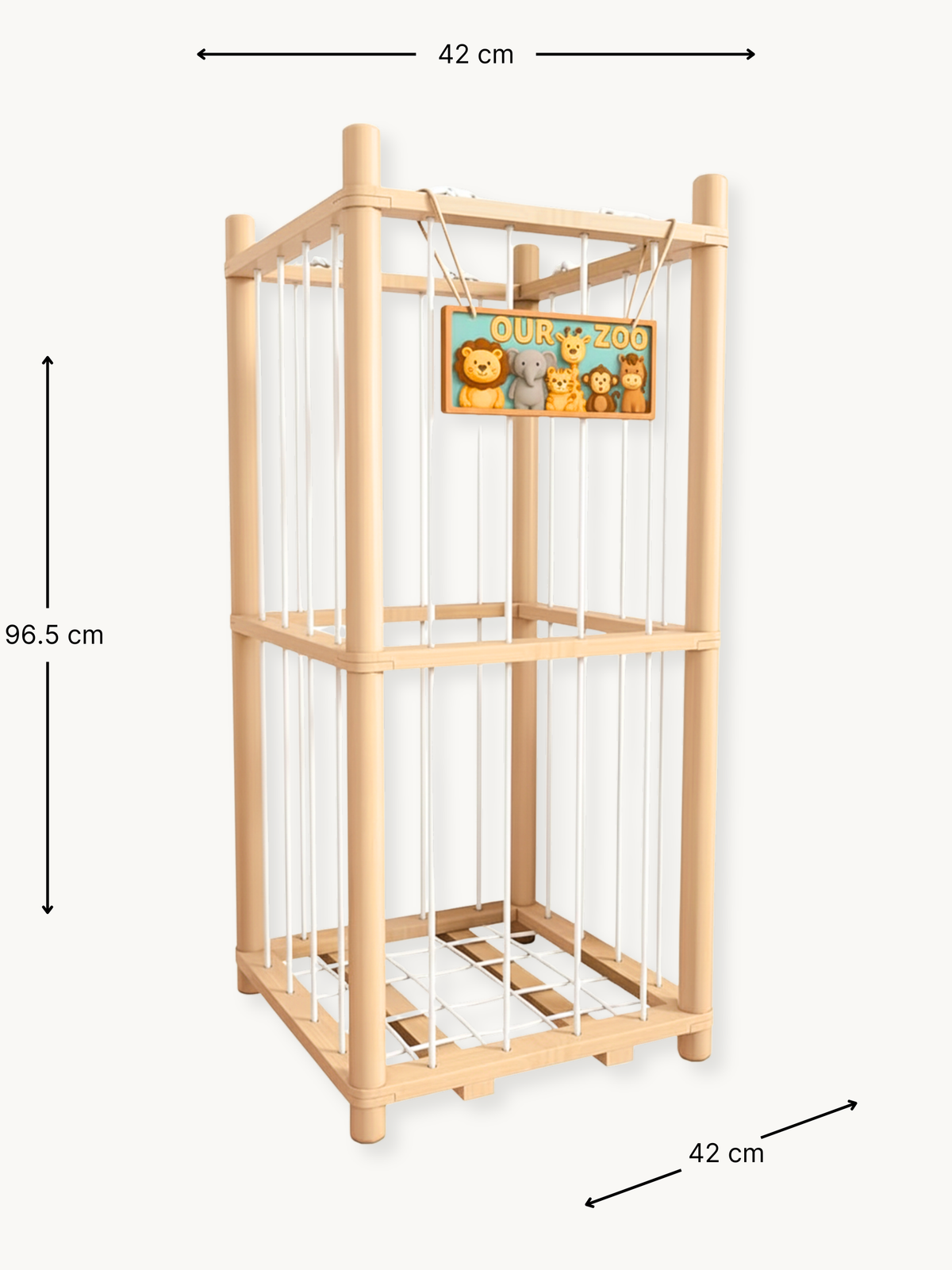 Two-tier natural pine cage toy organiser with white cord sides shown at an angle with 42×42×96.5 cm dimensions labelled