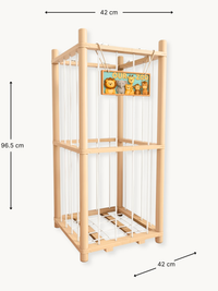 Two-tier natural pine cage toy organiser with white cord sides shown at an angle with 42×42×96.5 cm dimensions labelled