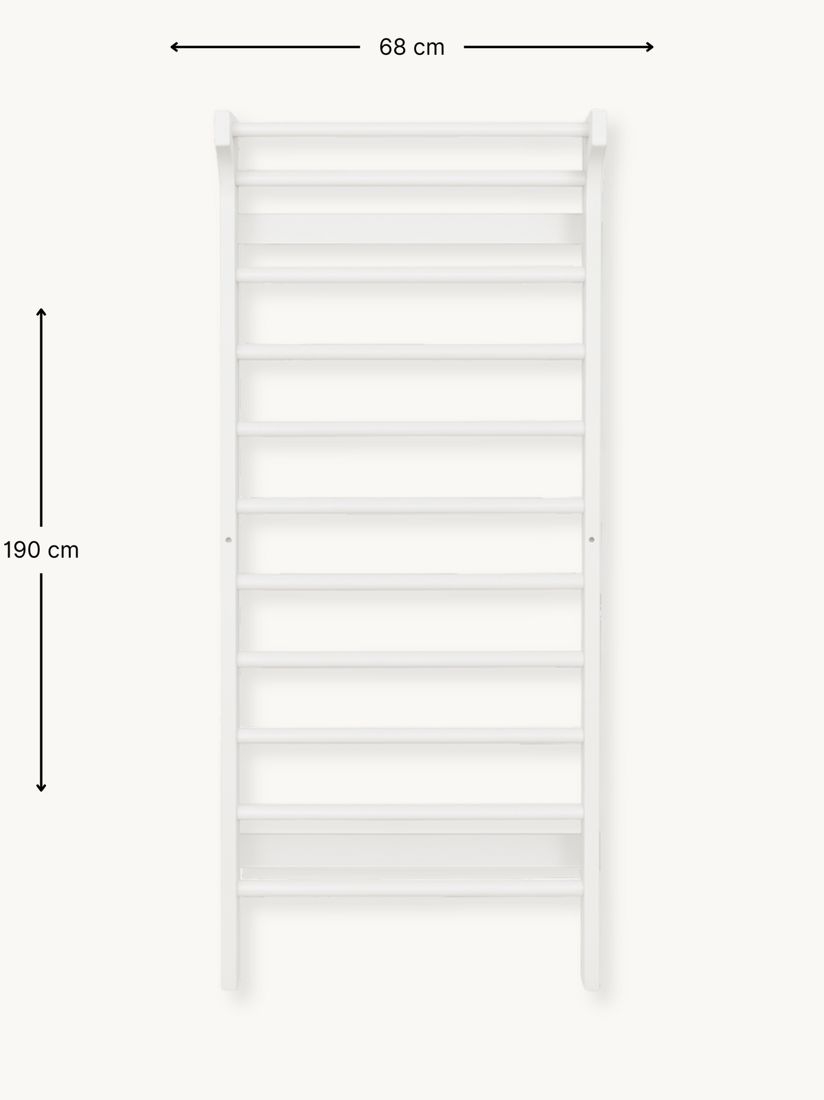 White wall-mounted wooden climbing frame with dimension annotations showing 190 cm height and 68 cm width