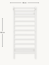 White wall-mounted wooden climbing frame with dimension annotations showing 190 cm height and 68 cm width