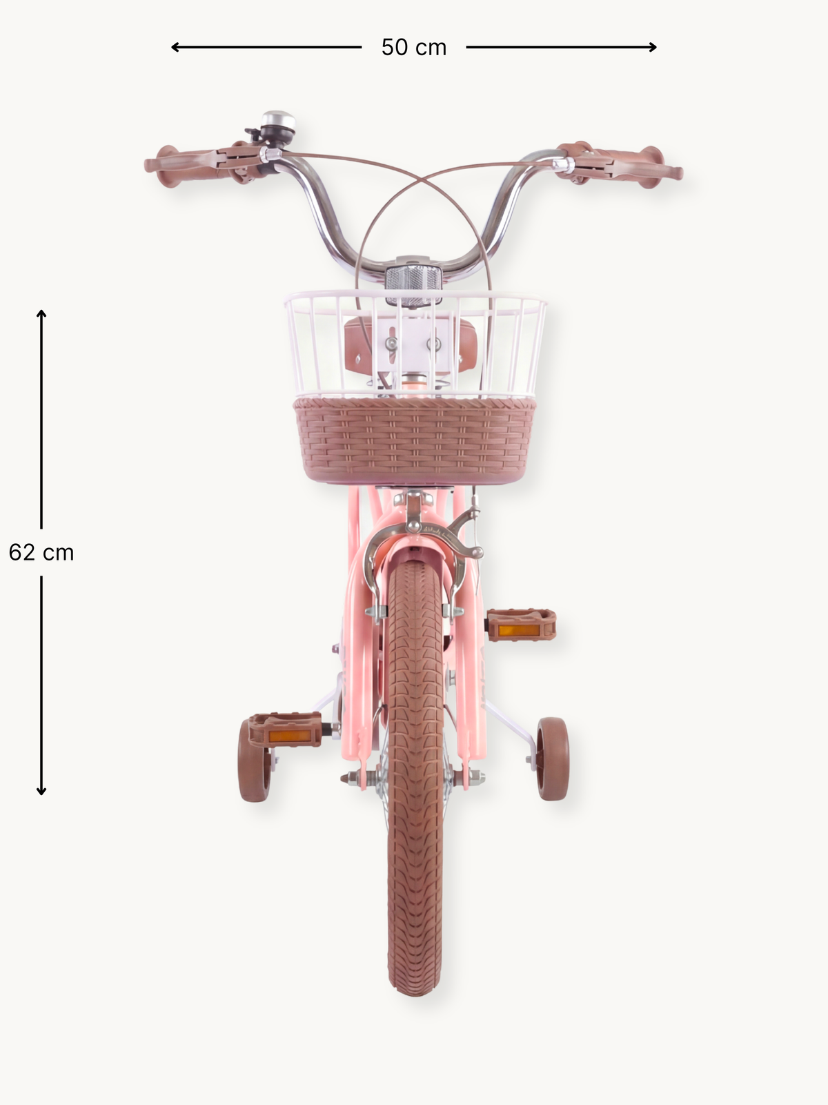 Front view of pink 12-inch children's bike showing 50cm handlebar width and 62cm height, brown training wheels, wicker-sty…