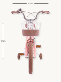 Front view of pink 12-inch children's bike showing 50cm handlebar width and 62cm height, brown training wheels, wicker-sty…