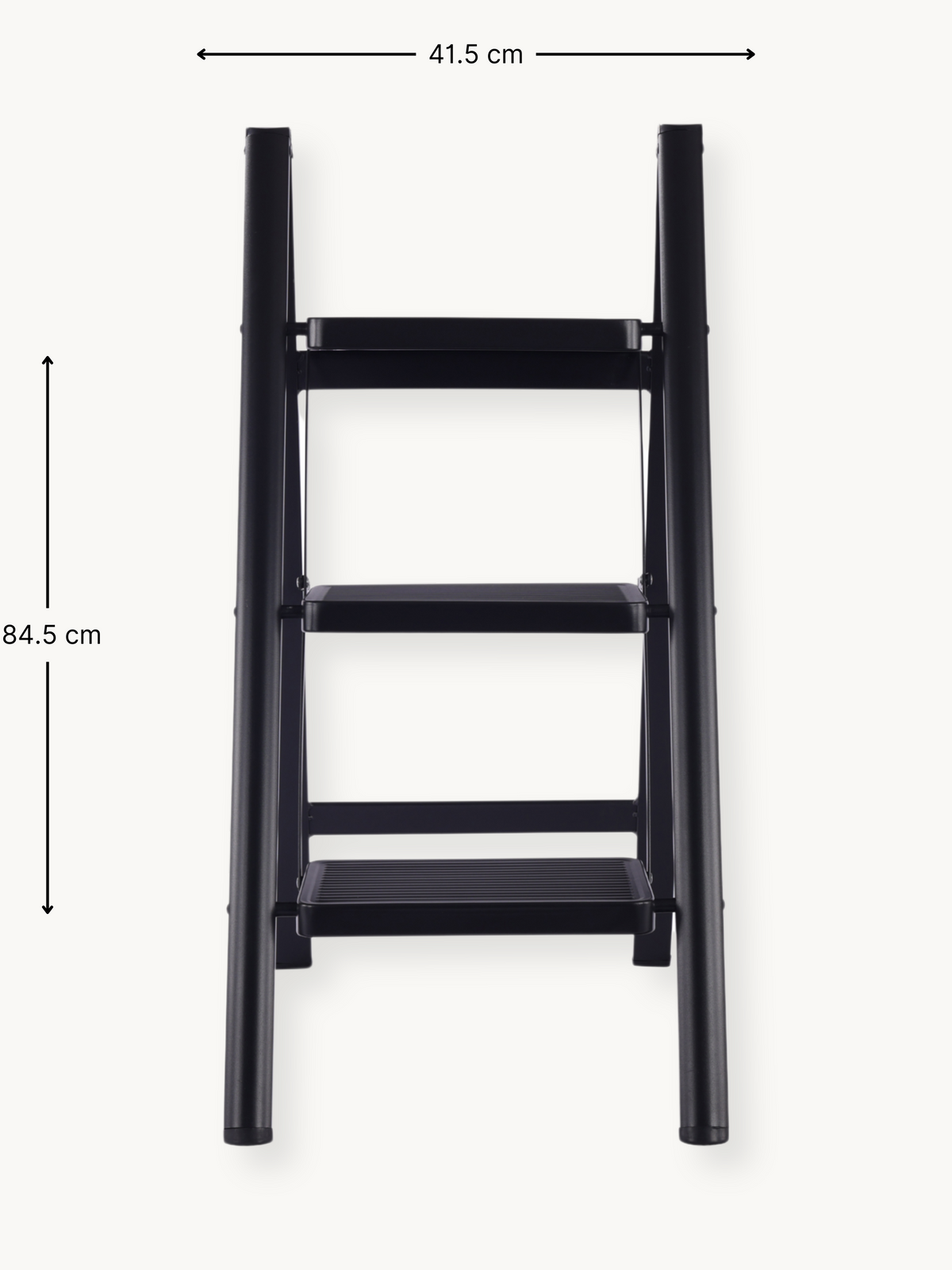 Black 3-step folding ladder front view with dimension annotations: 41.5 cm wide and 84.5 cm tall, white background
