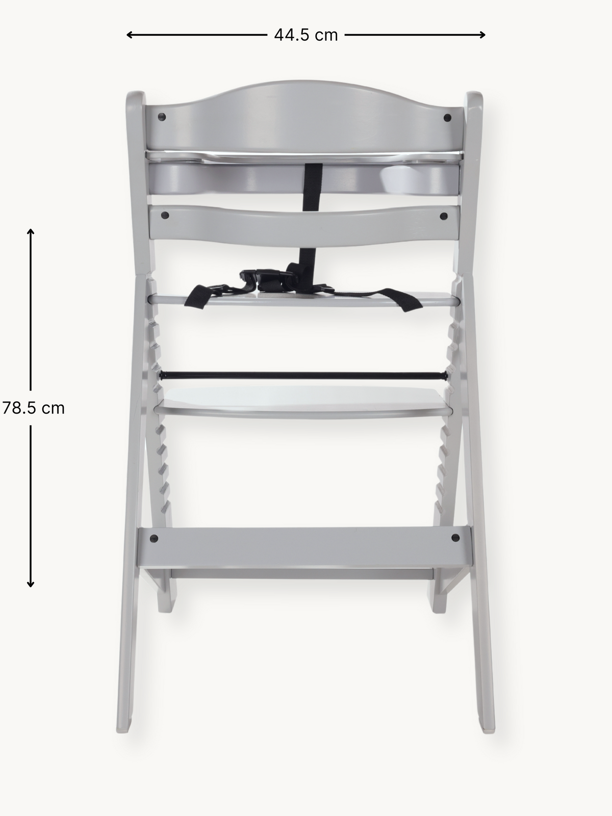 Grey wooden highchair front view with dimension annotations: 44.5 cm wide, 78.5 cm tall, showing notched adjustment rails…