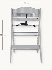 Grey wooden highchair front view with dimension annotations: 44.5 cm wide, 78.5 cm tall, showing notched adjustment rails…