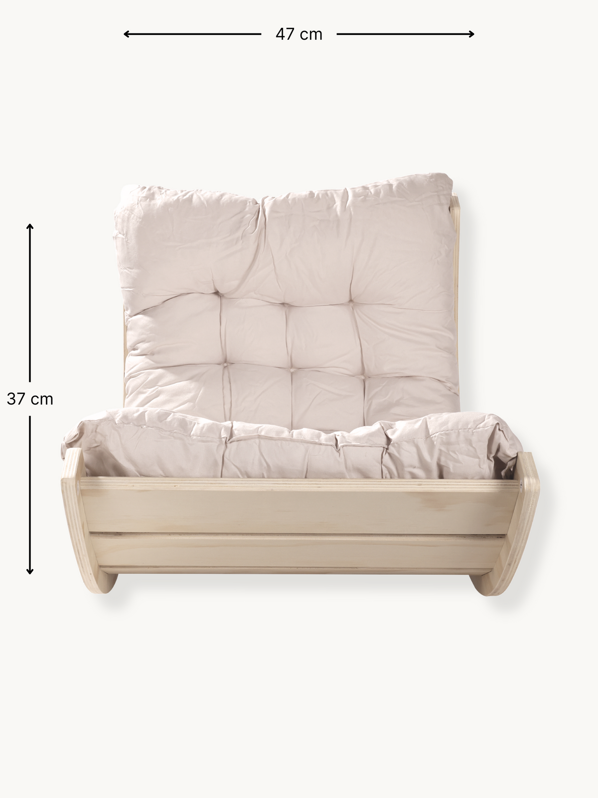 Front-facing mini climbing arch with beige tufted cushion, dimension annotations showing 47 cm width and 37 cm height