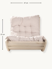 Front-facing mini climbing arch with beige tufted cushion, dimension annotations showing 47 cm width and 37 cm height