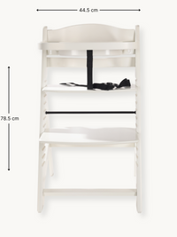 White wooden baby high chair front view with black 5-point harness, showing dimensions: 44.5 cm wide, 78.5 cm tall