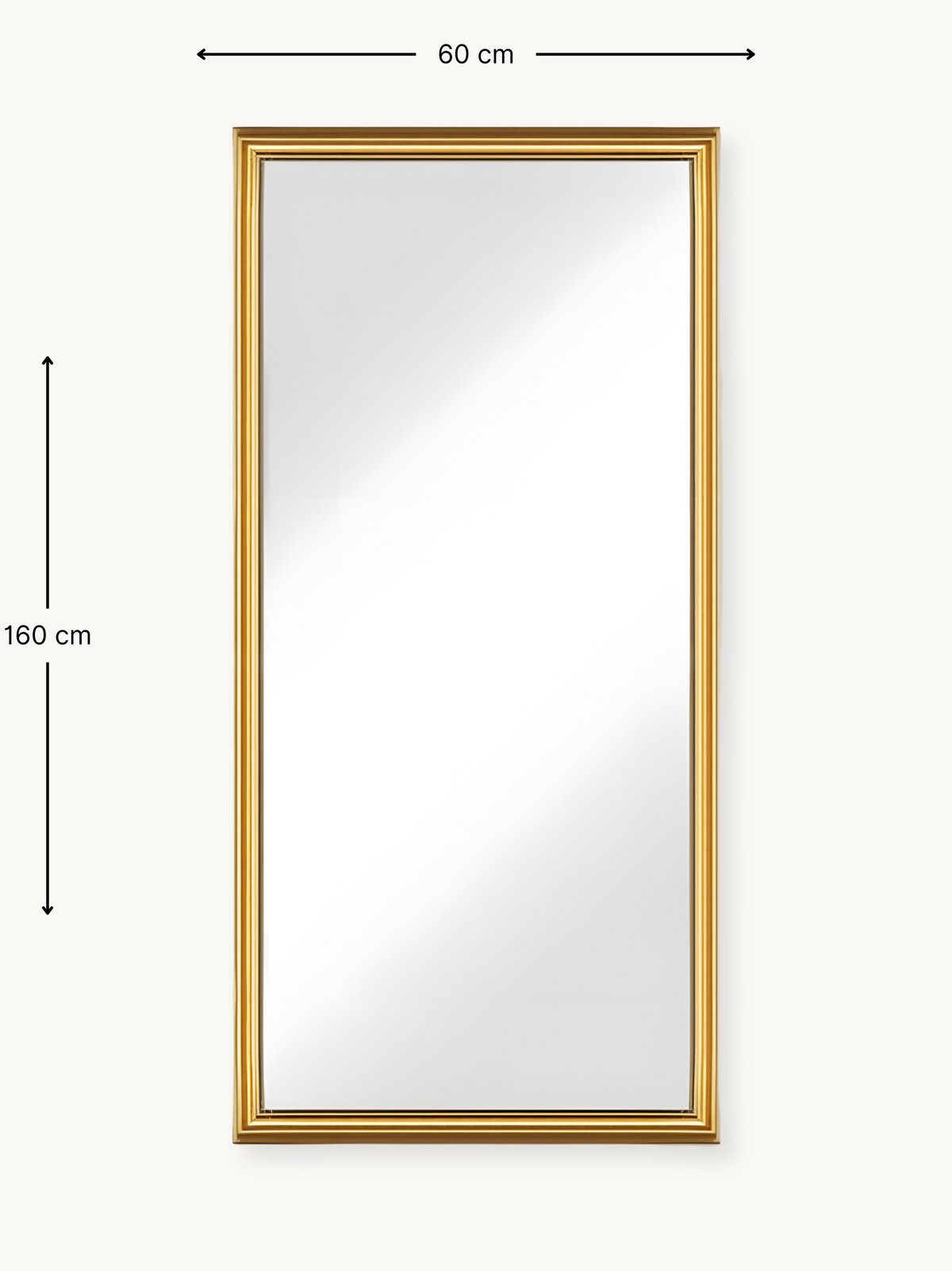 Rectangular full-length mirror with narrow gold aluminium frame, front view with 60 x 160 cm dimension annotations