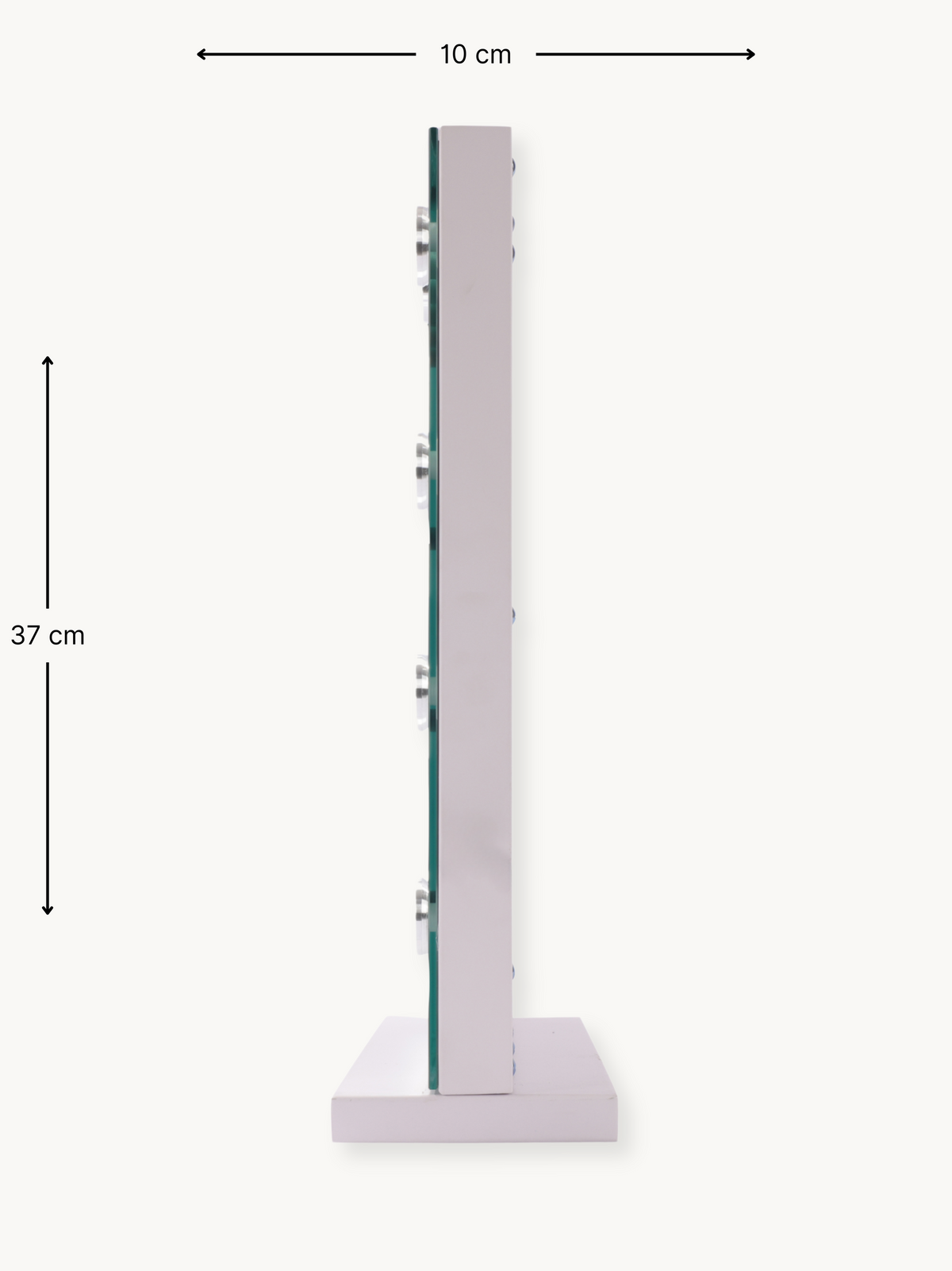 Side profile view of white Hollywood vanity mirror, 37 cm tall, 10 cm deep, showing glass panel, silver bulb fittings, and…