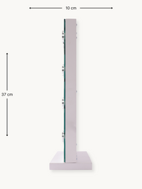 Side profile view of white Hollywood vanity mirror, 37 cm tall, 10 cm deep, showing glass panel, silver bulb fittings, and…