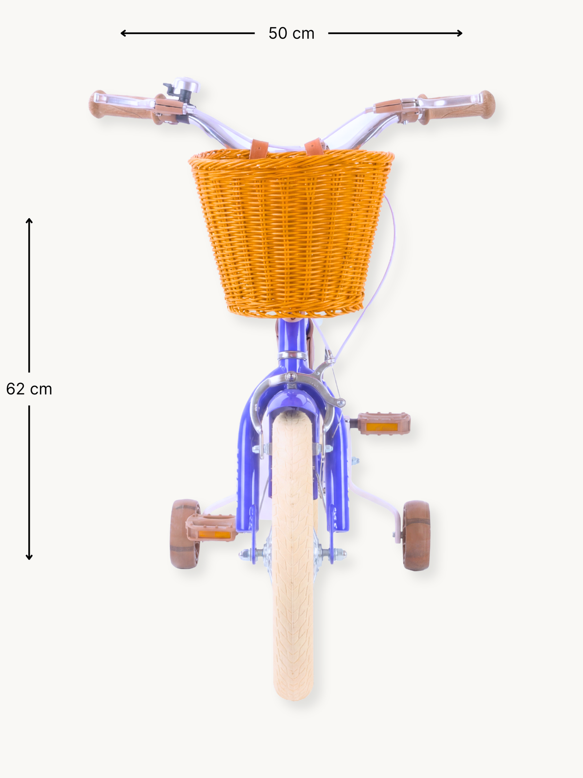 Front view of dark blue children's bike with wicker basket, brown grips, training wheels, and dimension annotations: 50 cm…