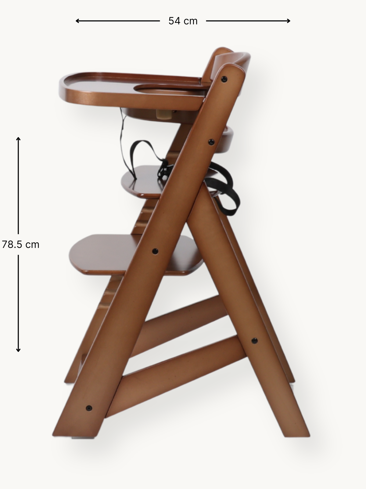Side view of walnut wood high chair with dimension annotations: 54 cm wide, 78.5 cm tall, tray and black harness visible