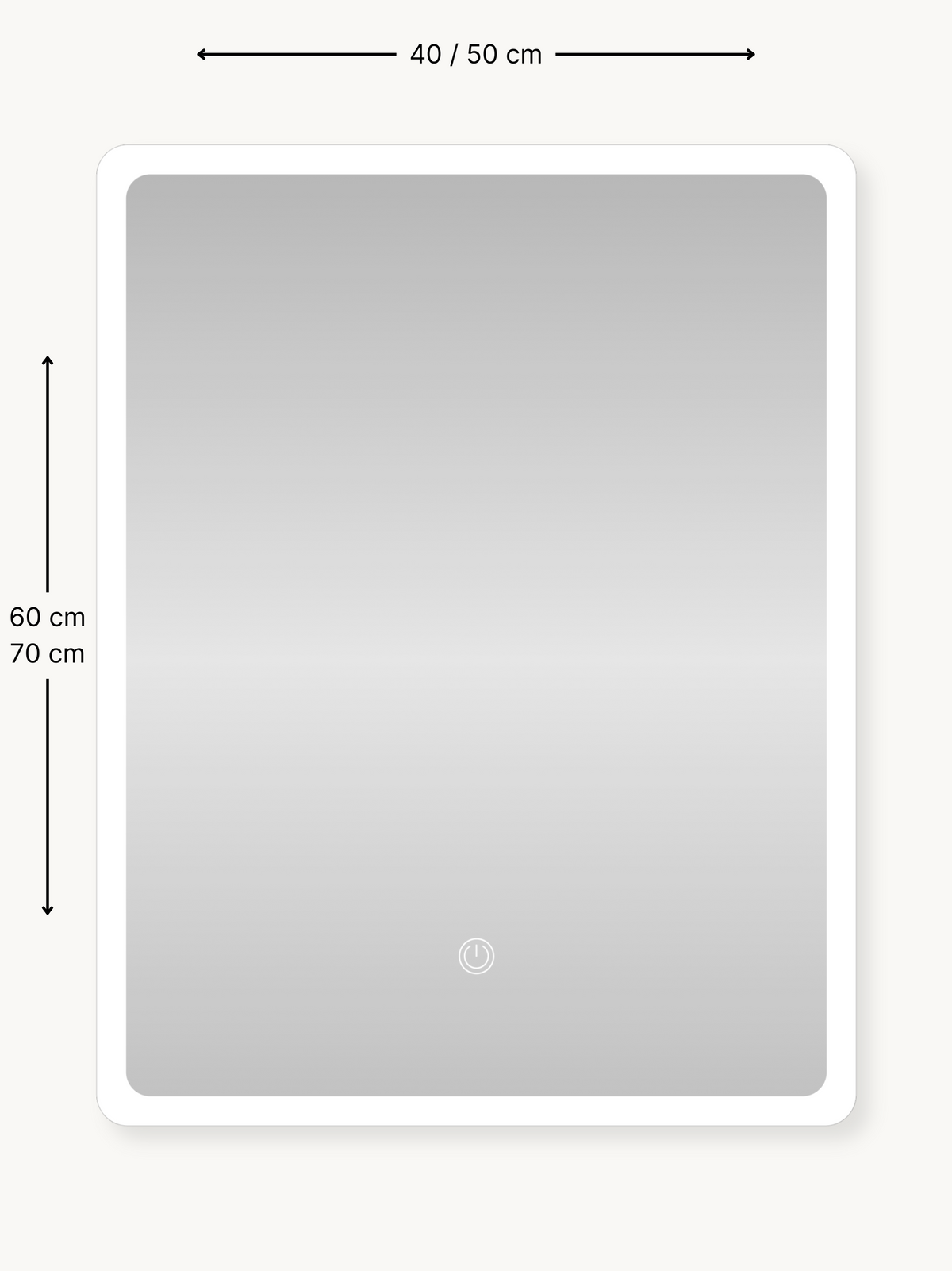 Dimension diagram of LED mirror cabinet showing 40/50 cm width and 60/70 cm height options, white frame, touch switch visible