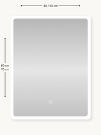 Dimension diagram of LED mirror cabinet showing 40/50 cm width and 60/70 cm height options, white frame, touch switch visible