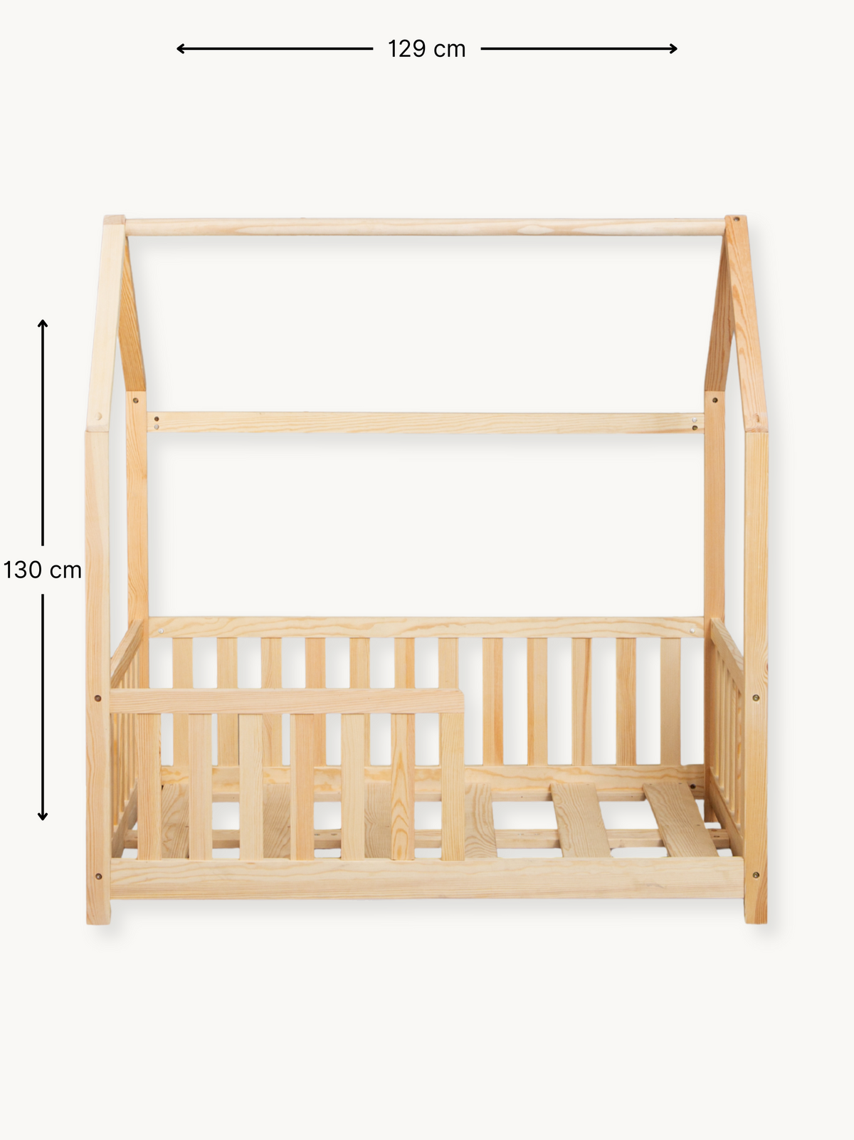 Natural pine children's house bed front view with width annotation 129 cm and height annotation 130 cm, slatted safety rai…
