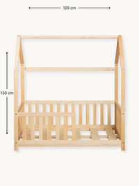 Natural pine children's house bed front view with width annotation 129 cm and height annotation 130 cm, slatted safety rai…