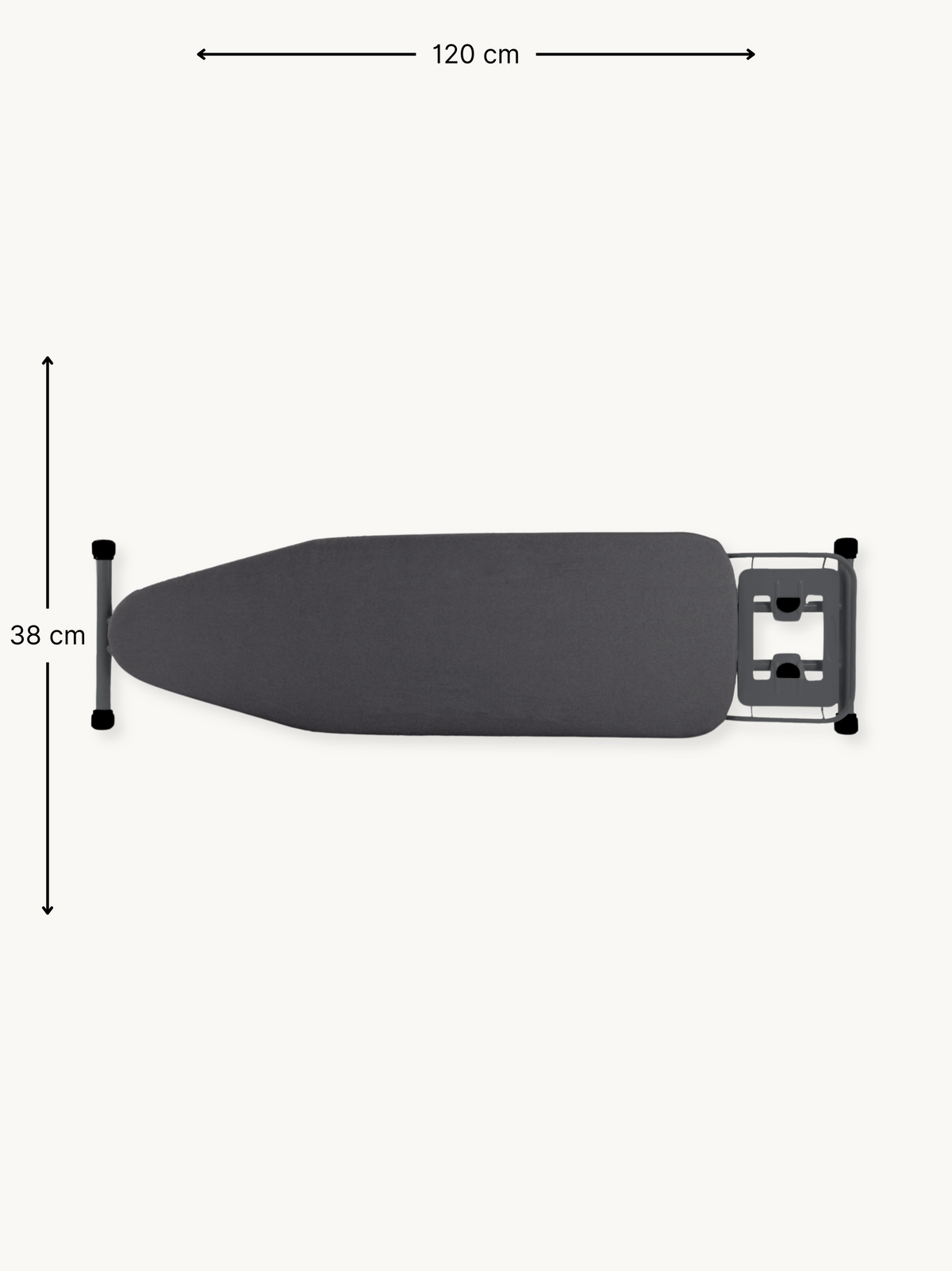 Top-down view of dark grey ironing board with iron rest, annotated with 120 cm length and 38 cm width dimensions