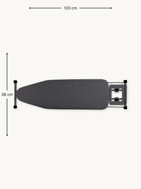 Top-down view of dark grey ironing board with iron rest, annotated with 120 cm length and 38 cm width dimensions