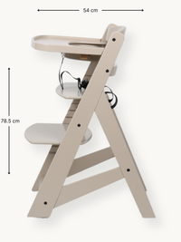 Side-angle view of clay beige wooden highchair with dimension annotations: 54 cm wide, 78.5 cm tall, tray and harness atta…