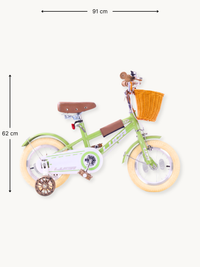 Green Luca 12-inch kids bike side view with dimension annotations: 91 cm wide, 62 cm tall, training wheels visible