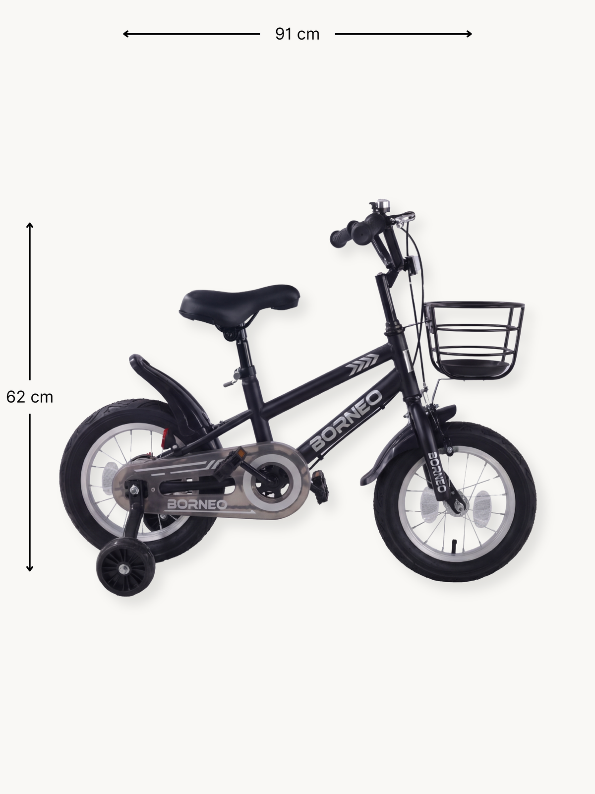 Black Borneo 12-inch kids bike shown in side profile with dimension annotations: 91 cm length and 62 cm height