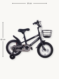 Black Borneo 12-inch kids bike shown in side profile with dimension annotations: 91 cm length and 62 cm height