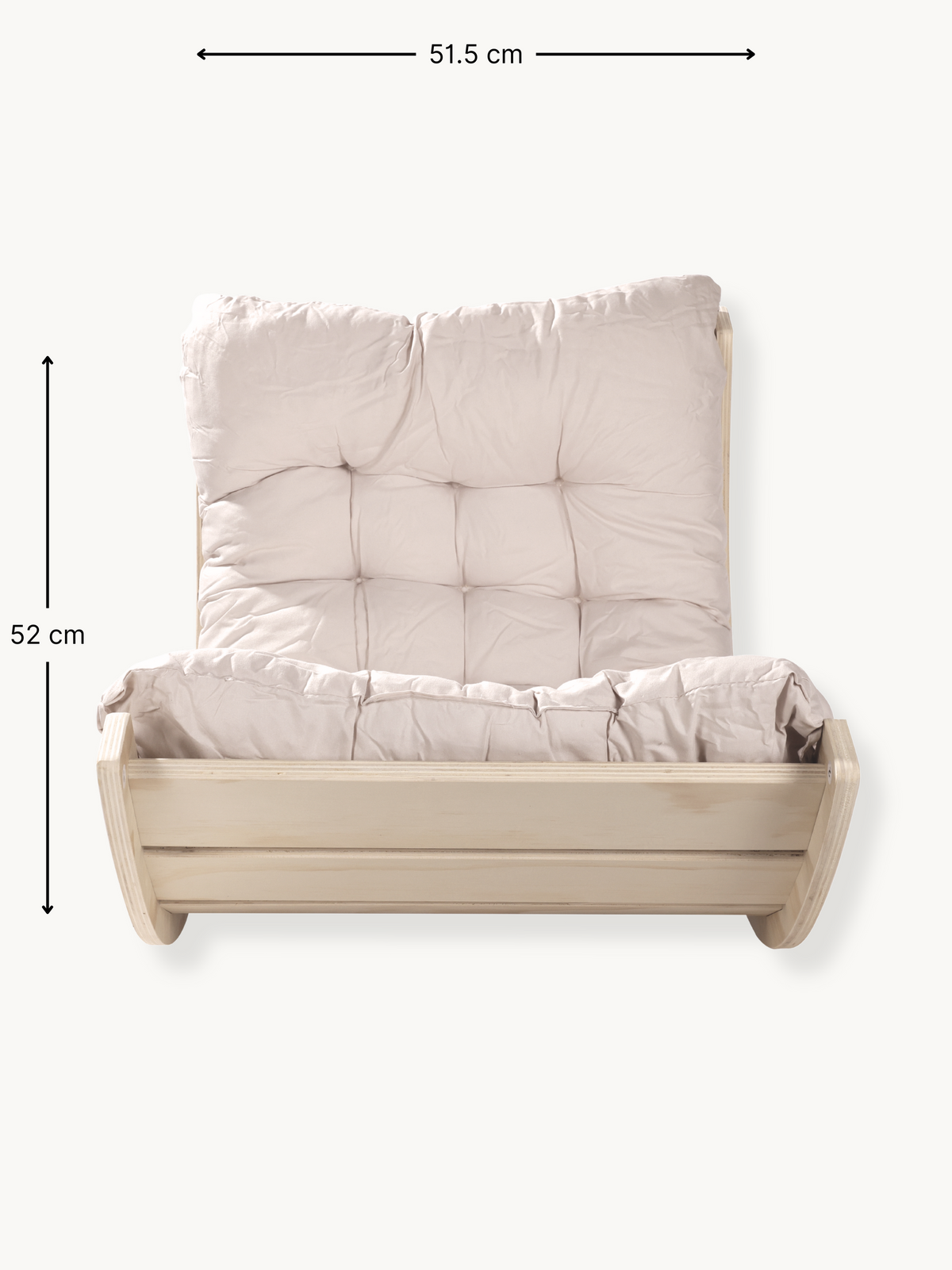 Front-facing view of pine climbing arch rocker with cream tufted cushion fitted, width annotated 51.5 cm and height 52 cm