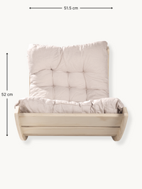 Front-facing view of pine climbing arch rocker with cream tufted cushion fitted, width annotated 51.5 cm and height 52 cm