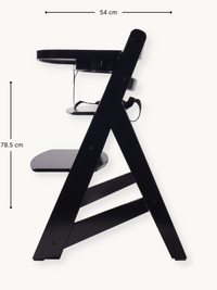 Black wooden highchair side view with dimension annotations: 54 cm wide, 78.5 cm tall; tray, footrest, and A-frame legs vi…