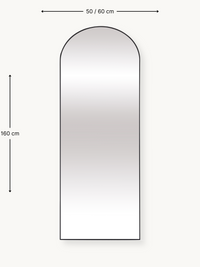 Dimension diagram of arched full-length mirror showing 160 cm height and 50/60 cm width annotations on cream background
