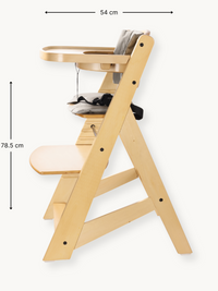 Side view of natural wood highchair with dimension annotations: 54 cm width and 78.5 cm height, grey cushion and tray atta…