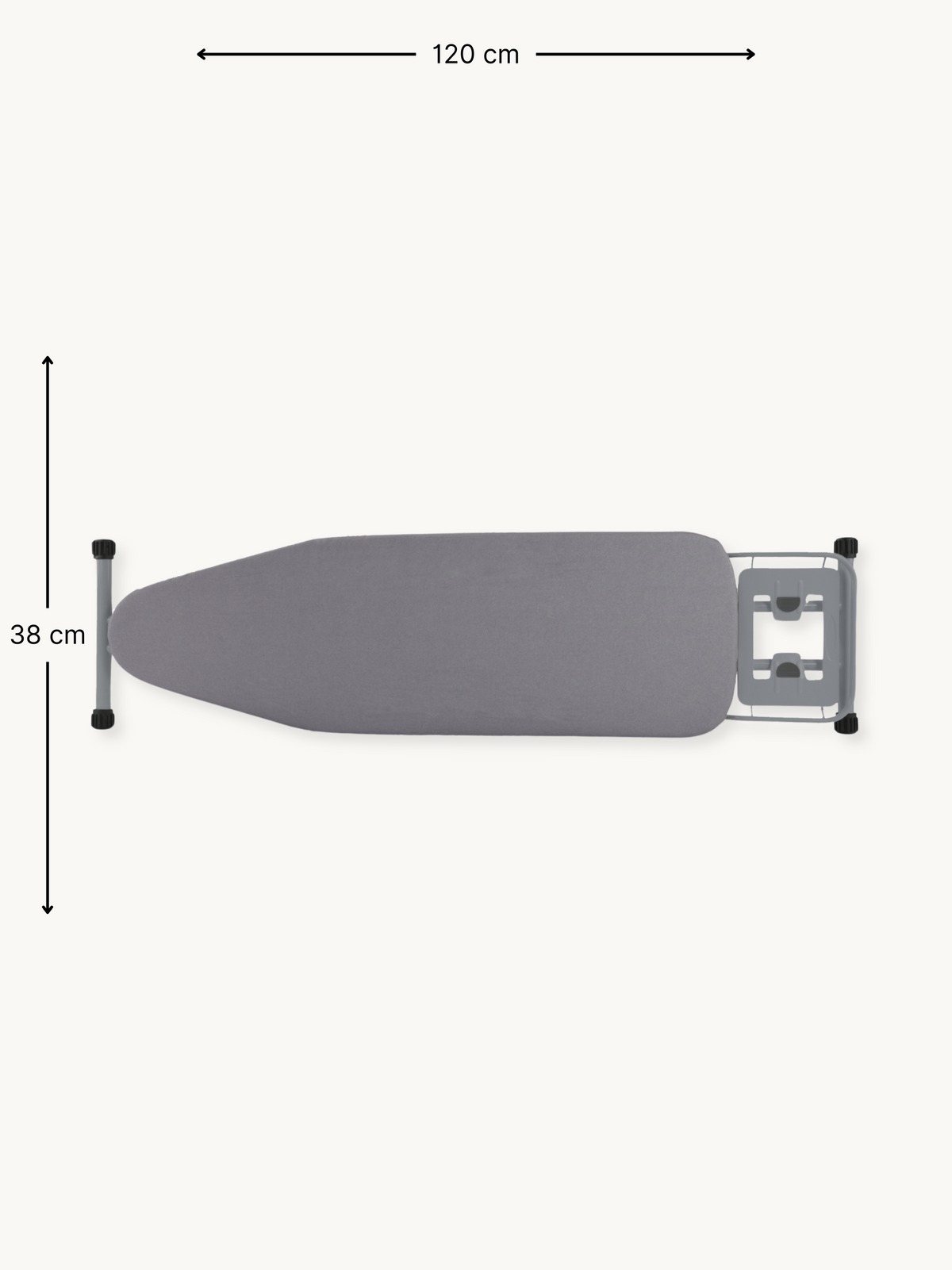 Top-down view of light grey ironing board showing 120 cm length and 38 cm width dimensions with iron rest at narrow end