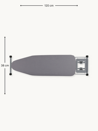 Top-down view of light grey ironing board showing 120 cm length and 38 cm width dimensions with iron rest at narrow end