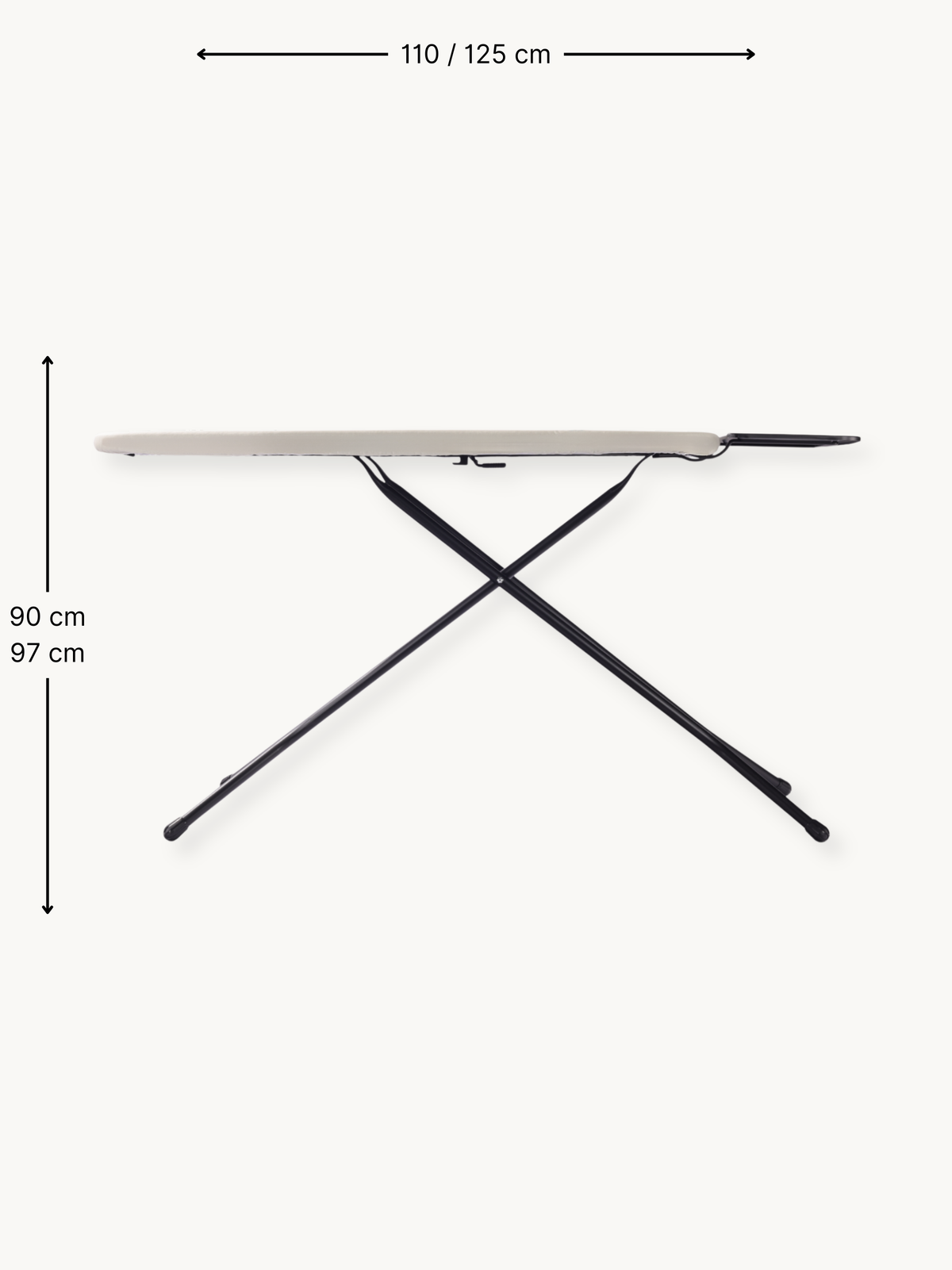 Taupe ironing board with black steel X-frame legs shown side-on with annotated height 90/97 cm and length 110/125 cm dimen…