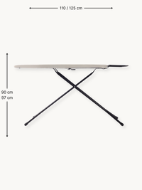 Taupe ironing board with black steel X-frame legs shown side-on with annotated height 90/97 cm and length 110/125 cm dimen…