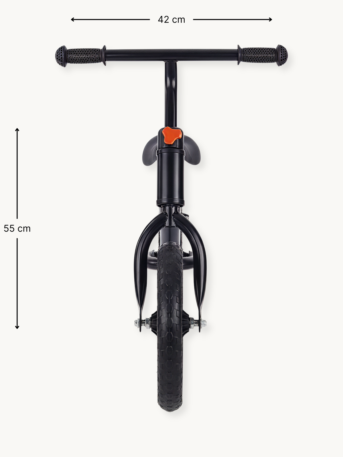 Front view of black balance bike with 42 cm handlebar width and 55 cm height dimensions annotated, orange stem clamp bolt…