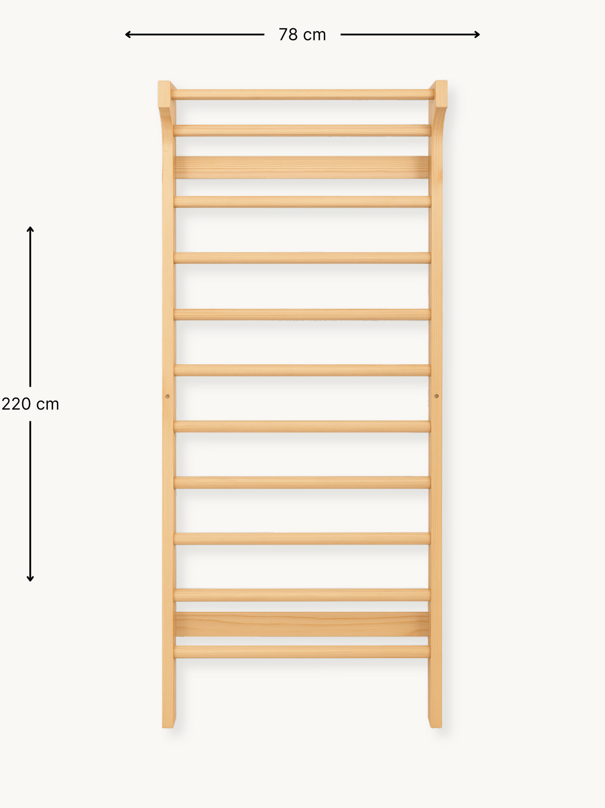 Natural wood wall climbing frame front view with dimension annotations: 78 cm wide by 220 cm tall