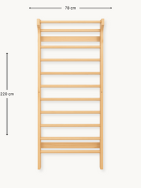 Natural wood wall climbing frame front view with dimension annotations: 78 cm wide by 220 cm tall