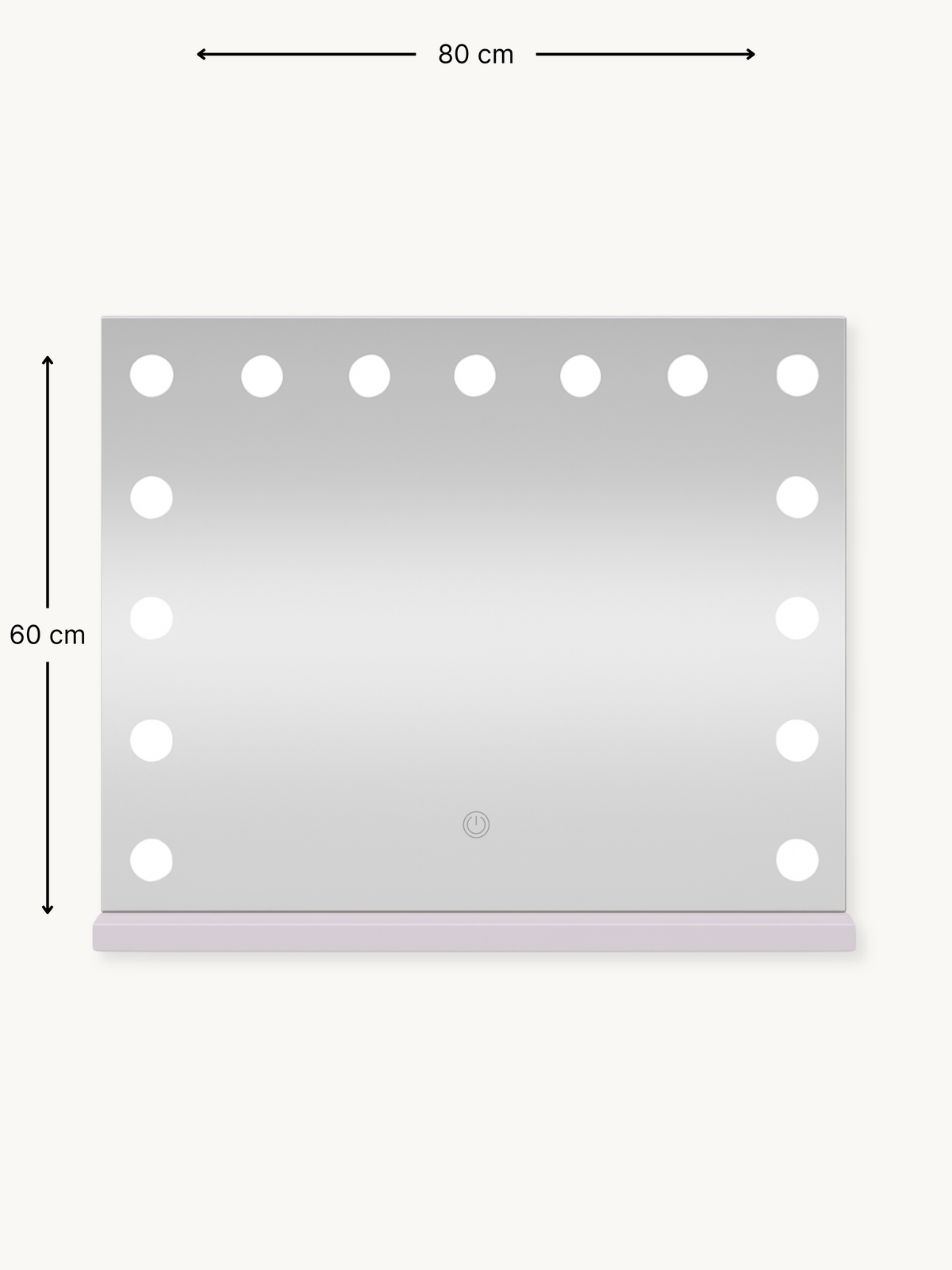 Dimension diagram of white Hollywood vanity mirror showing 80 cm width and 60 cm height with annotation lines on cream bac…