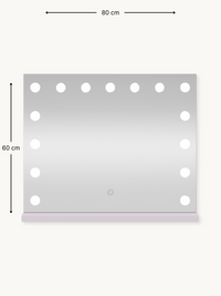 Dimension diagram of white Hollywood vanity mirror showing 80 cm width and 60 cm height with annotation lines on cream bac…
