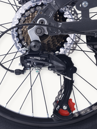 Close-up of Shimano Tourney TZ rear derailleur, 6-speed cassette, disc rotor, and chain on 20-inch wheel