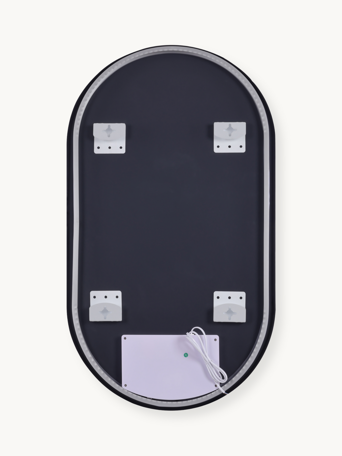 Back of oval LED bathroom mirror showing four white wall-mounting brackets, control box with green indicator, and white po…