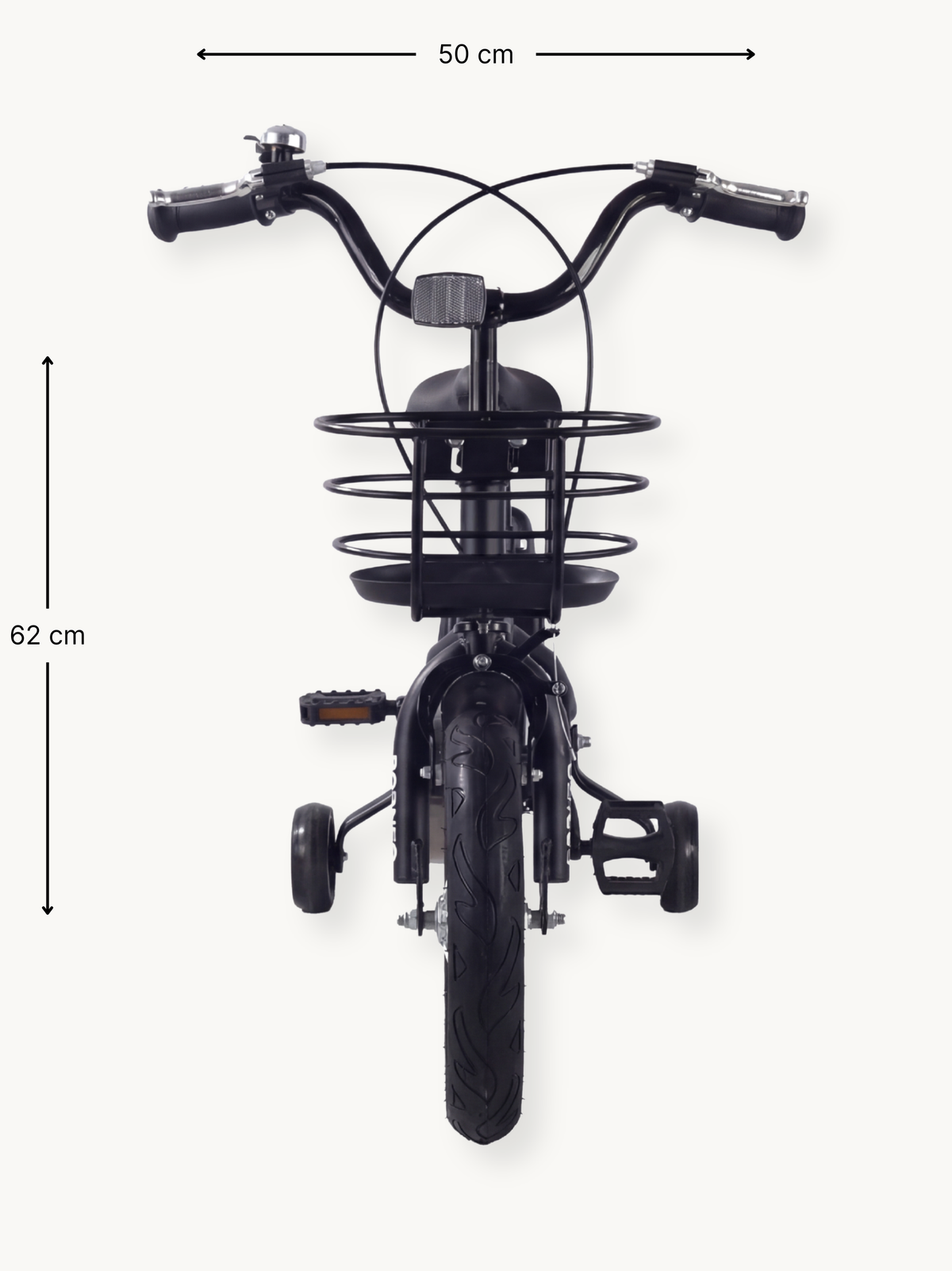 Front view of black 12-inch kids bike showing 50 cm handlebar width and 62 cm height, with wire basket and training wheels…