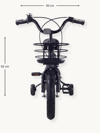 Front view of black 12-inch kids bike showing 50 cm handlebar width and 62 cm height, with wire basket and training wheels…