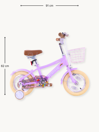 Side-view dimension diagram of purple Luna 12-inch girls' bike showing 91 cm length and 62 cm height annotations