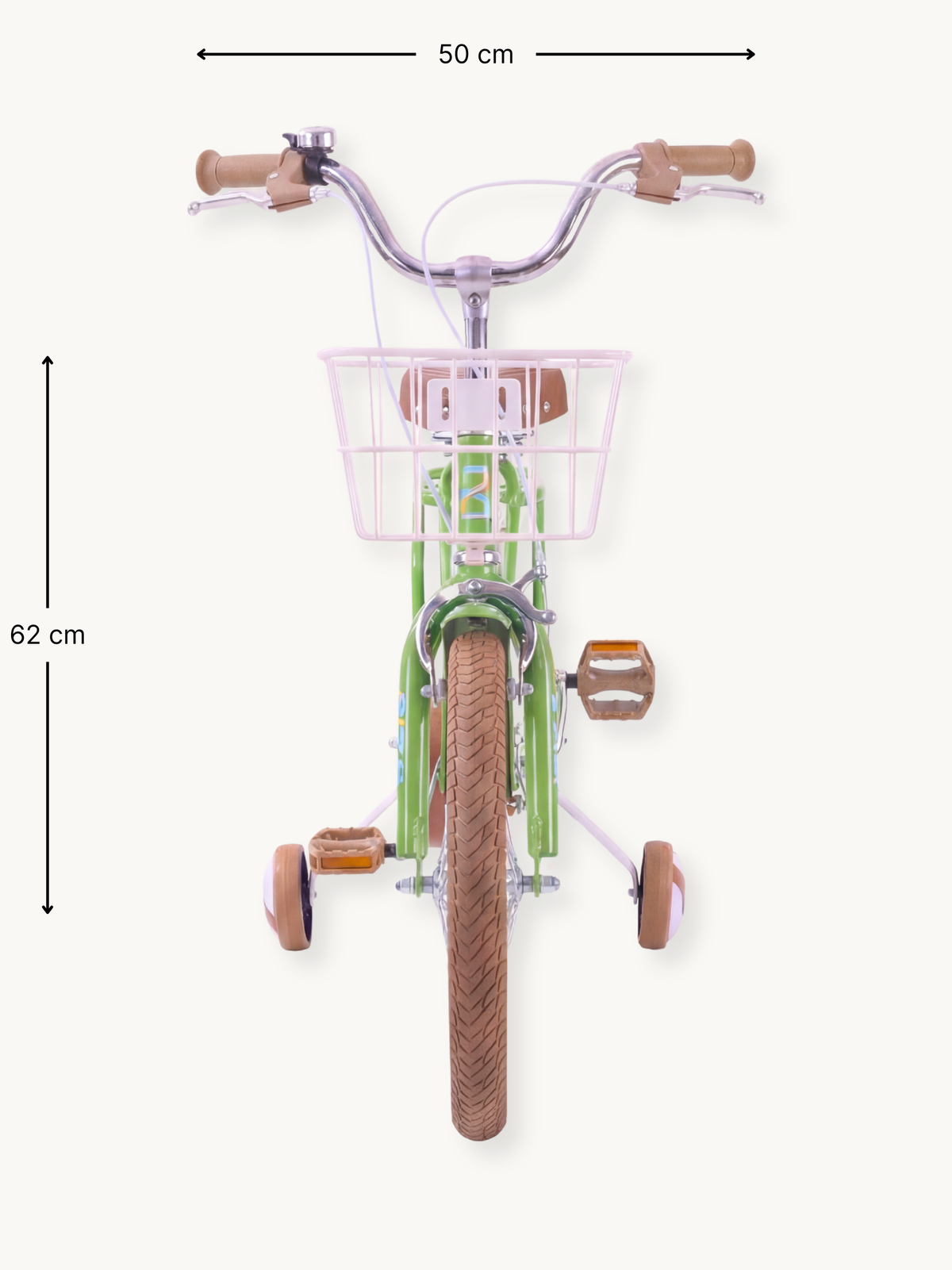 Front view of green 12-inch girls bike with pink wire basket, tan training wheels, and dimension annotations: 50 cm wide,…