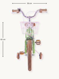 Front view of green 12-inch girls bike with pink wire basket, tan training wheels, and dimension annotations: 50 cm wide,…