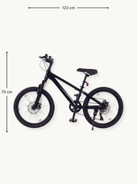 Black 20-inch kids' mountain bike side view with dimension annotations showing 123 cm length and 75 cm height